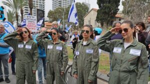 Protesters dressed as pilots take part in ongoing protests in Tel Aviv against controversial legal reforms being touted by the country's hard-right government.