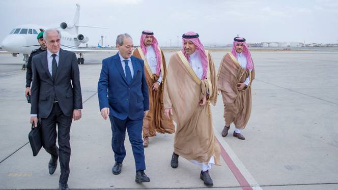 Deputy Minister of Saudi Foreign Ministry, Waleed El Khereiji [R], meets with Syrian Minister of Foreign Affairs Faisal Mekdad in Jeddah, Saudi Arabia, on April 12, 2023.