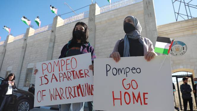 Palestinians gather to protest against the planned visit of US Secretary of State Mike Pompeo to a Jewish settlement in the occupied West Bank, on November 18, 2020 in Ramallah, West Bank.