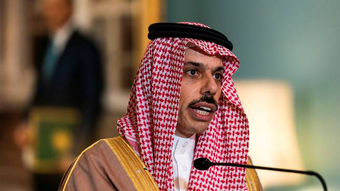 Saudi Minister of Foreign Affairs Prince Faisal bin Farhan Al Saud speaks during his meeting with US Secretary of State Mike Pompeo, at the State Department, in Washington, US, October 14, 2020.