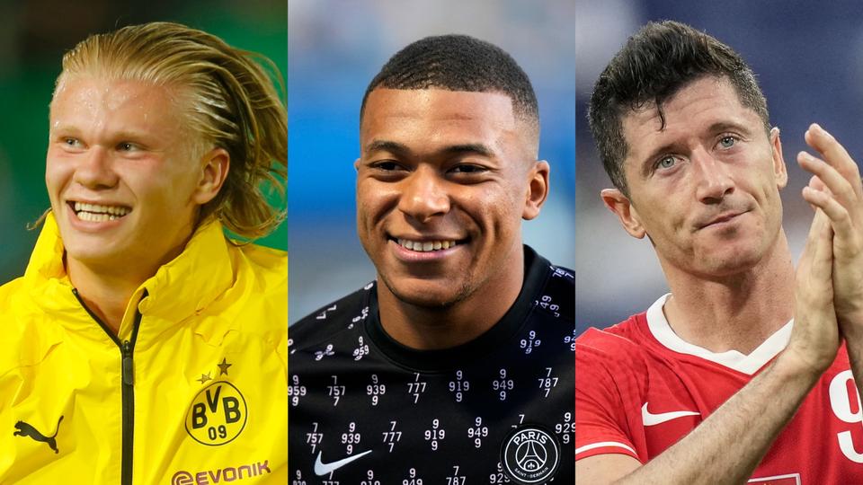 Combo image of Borussia Dortmund's Erling Haaland (L), Paris St Germain's Kylian Mbappe (C) and Bayern Munich's Robert Lewandowski (R) using photos from Reuters, AP and AFP respectively.