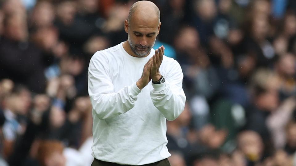 Guardiola celebrates after Riyad Mahrez scores in Manchester City v Norwich City game at Etihad Stadium in Manchester,  UK on August 21, 2021.