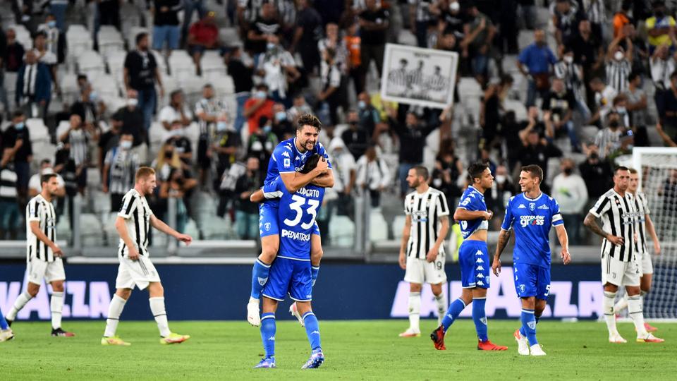 Empoli's Sebastiano Luperto celebrates after the match against Juventus at Allianz Stadium, Turin, Italy in on August 28, 2021.
