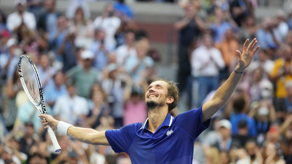 Daniil Medvedev celebrates after his match against Novak Djokovic in the men's singles final of the 2021 US Open tennis tournament on September 12, 2021.