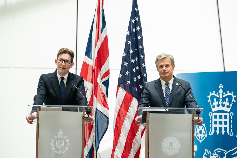 MI5 Director General Ken McCallum (left) and FBI Director Christopher Wray at a joint press conference at MI5 headquarters, in central London. The two heads discussed the
