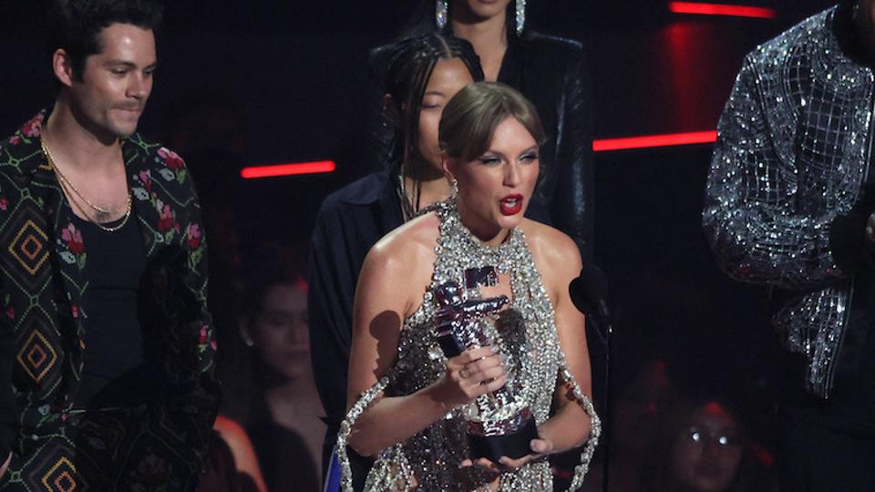 Taylor Swift accepts the award for Video of the Year for “All Too Well” at the 2022 MTV Video Music Awards at the Prudential Center in Newark in the US.