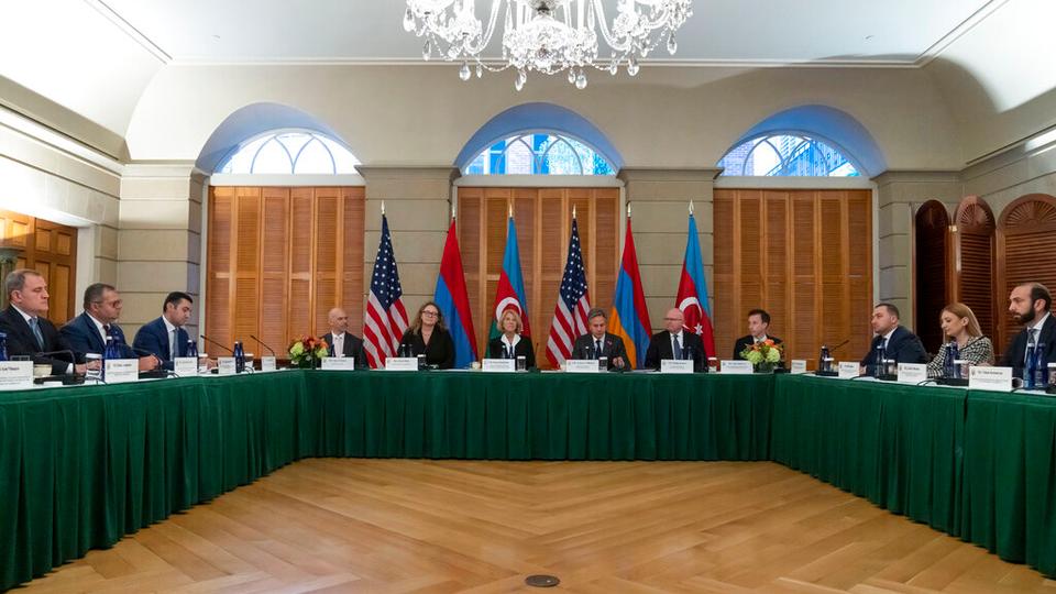 Top diplomats of US, Azerbaijan, and Armenia hold talks at Blair House in Washington.