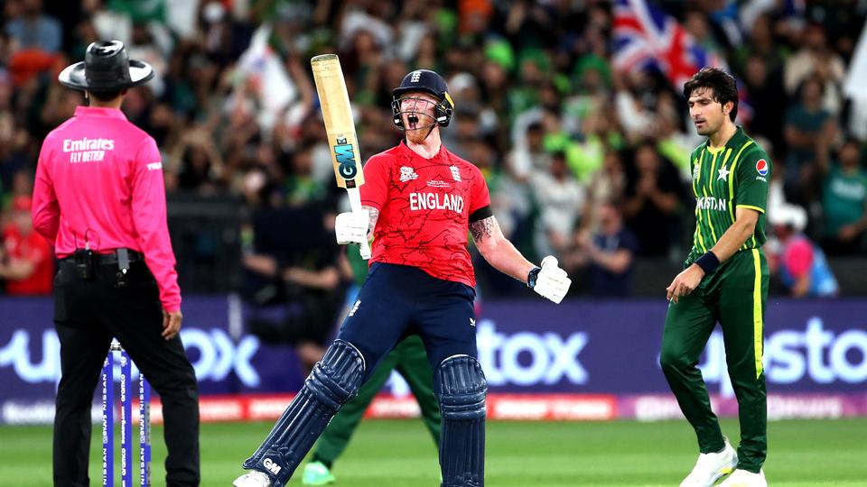 England's Ben Stokes celebrates their win in the ICC men's Twenty20 World Cup 2022 cricket final match between England and Pakistan at the Melbourne Cricket Ground.