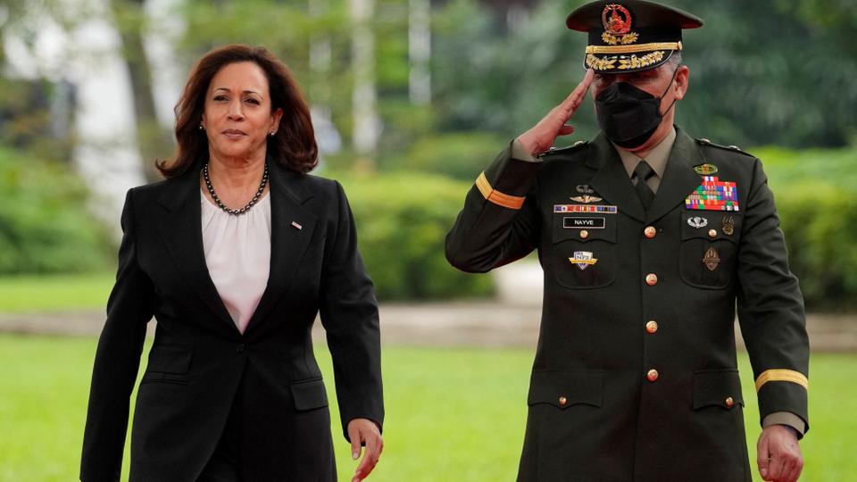 During her visit, Harris reaffirmed the US commitment to defend the Philippines under the 1951 Mutual Defense Treaty in case Filipino forces, ships and aircraft come under attack in the disputed waters [Aaron Favila/Pool via Reuters]