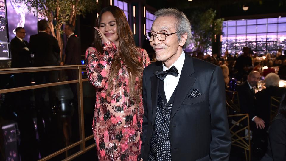In this file photo, O Yeong-su (R) is photographed with Chrissy Teigen at the 74th Emmy Awards on Monday, Sept. 12, 2022 at the Microsoft Theater in Los Angeles.
