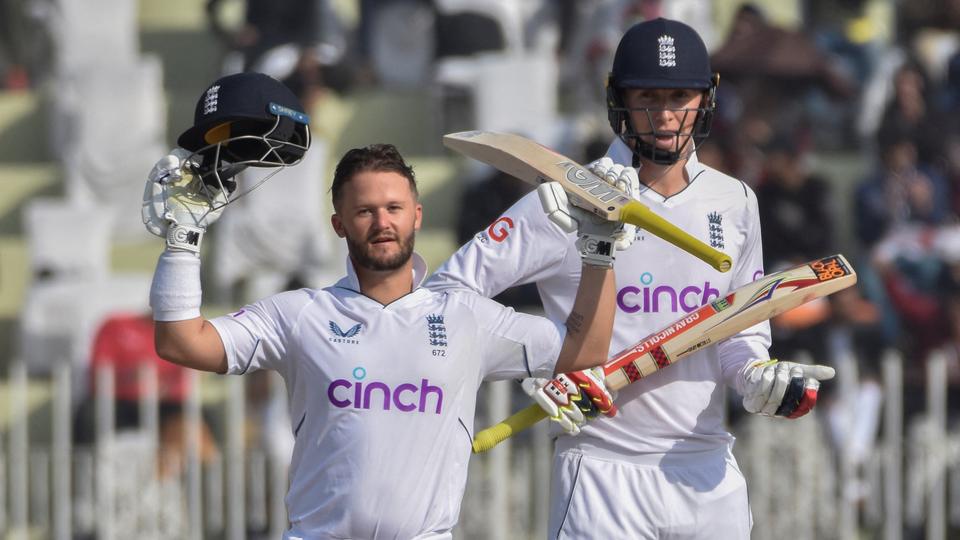 England's Ben Duckett celebrates after completing his century.