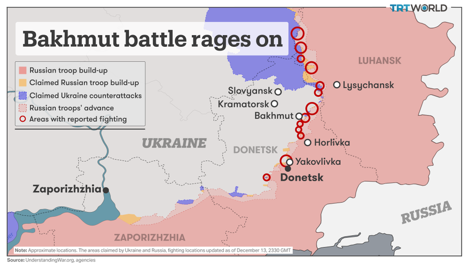 Bakhmut is a crucial location between Donetsk and Luhansk, the two separatist regions since 2014 in eastern Ukraine.