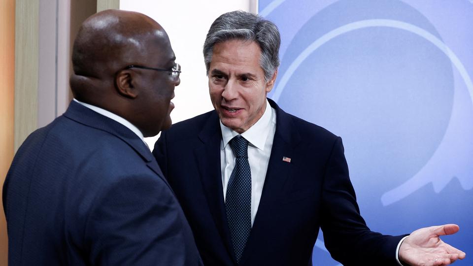 US Secretary Antony Blinken speaks with Democratic Republic of the Congo President Felix Tshisekedi during a memorandum of understanding signing ceremony in Washington.