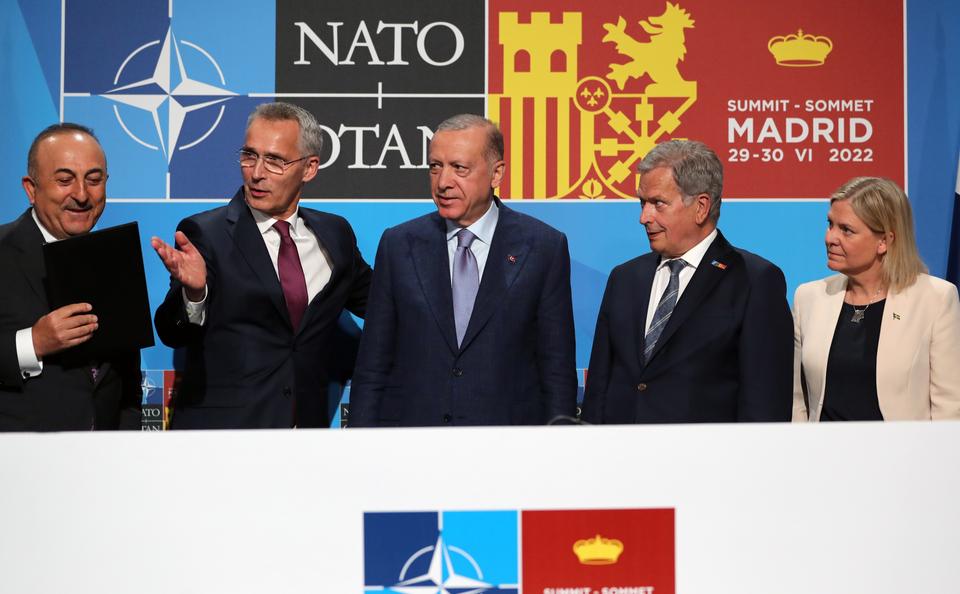Turkish President Recep Tayyip Erdogan, NATO Secretary-General Jens Stoltenberg, Sweden's Prime Minister Magdalena Andersson, Finland's President Sauli Niinisto, attend a signing ceremony of a memorandum on the Nordic countries’ NATO bids in Madrid, Spain on June 28, 2022.