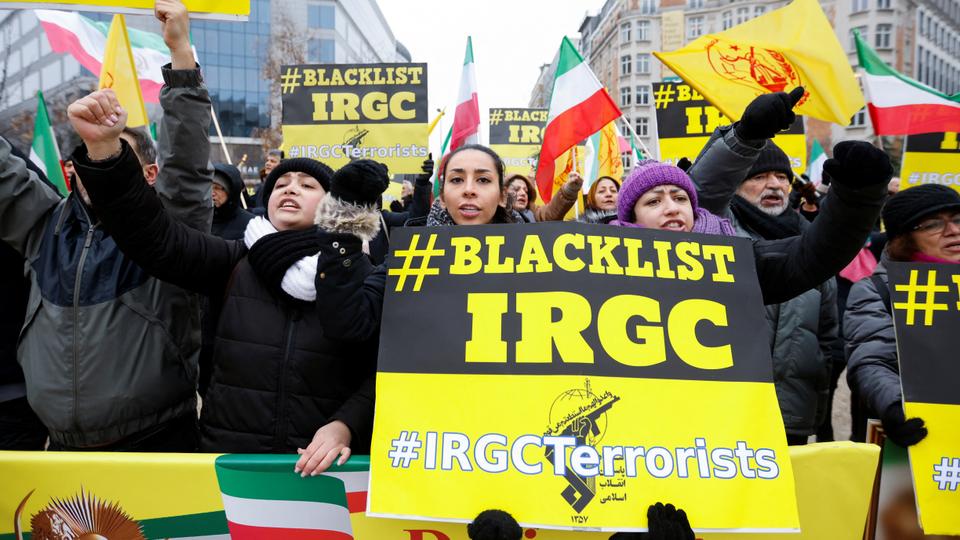 Protesters against Iran's Revolutionary Guard gathered in Brussels during the EU Foreign Affairs council meeting on Monday January 23, 2023.