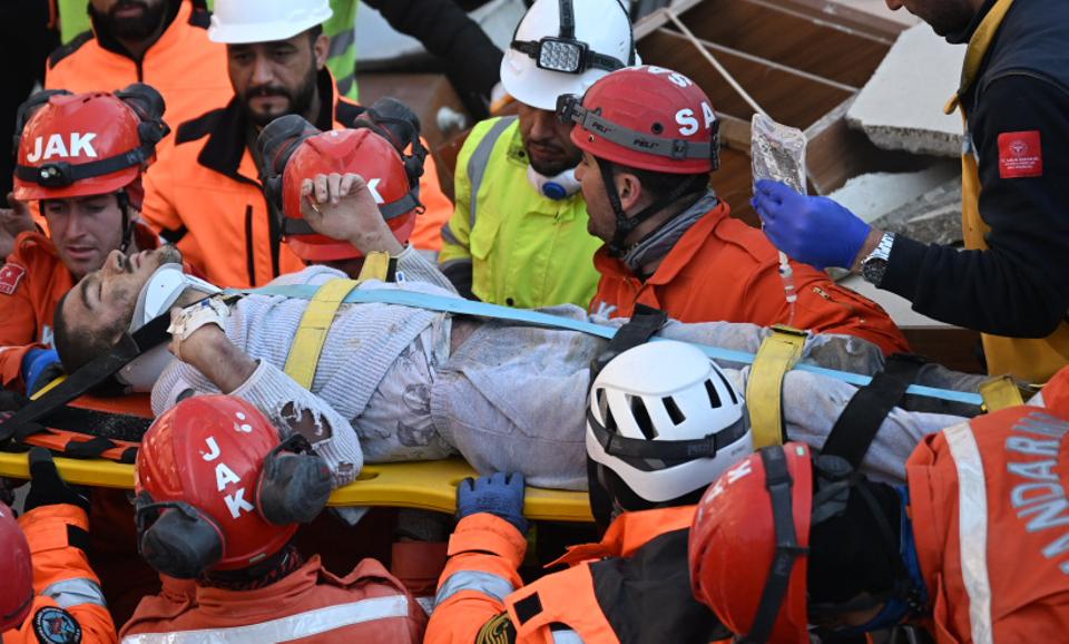 23-year-old mentally disabled Huseyin Seferoglu is rescued under rubble 155 hours after 7.7 and 7.6 magnitude earthquakes in Hatay, Turkiye on February 12, 2023.