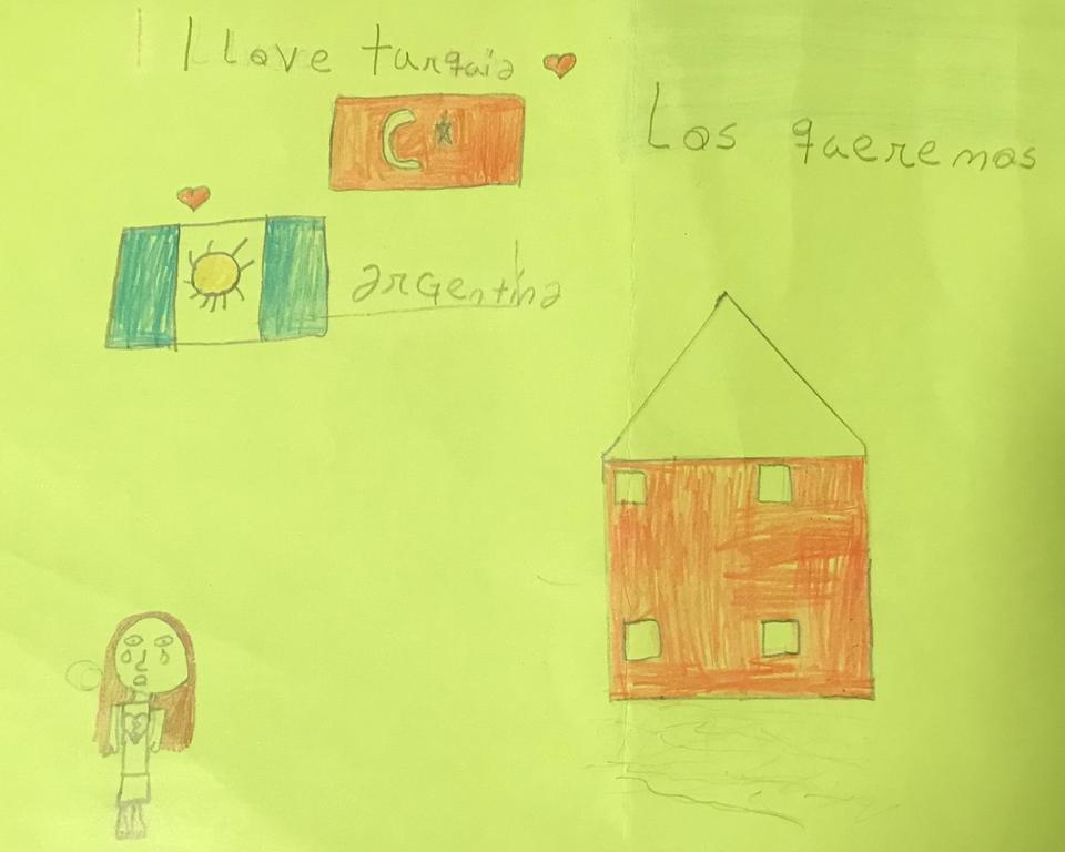 Photos from the Turkish Embassy in Buenos Aires of children's drawings of solidarity.