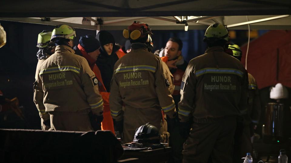 Hungarian personnel conduct search and rescue operations on February 10 in Hatay, Türkiye following 7.7 and 7.6 magnitude earthquakes that hit Kahramanmaras.
