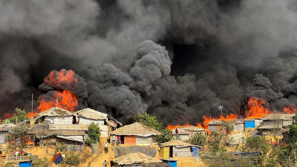 Fire burns in the Rohingya refugee camp in Balukhali in Cox's Bazar, Bangladesh on March 5, 2023.