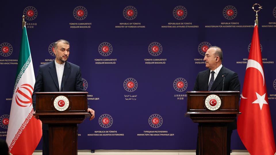 Turkish Foreign Minister Mevlut Cavusoglu (R) and Iranian Foreign Minister Hossein Amir Abdollahian (L) hold a joint press conference after their meeting in Ankara, Türkiye on March 08, 2023.