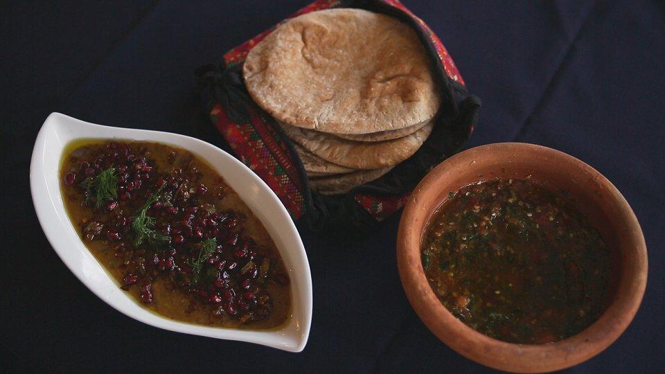 Left to right: Rumaniyya dish and Dagga Ghazawiya.