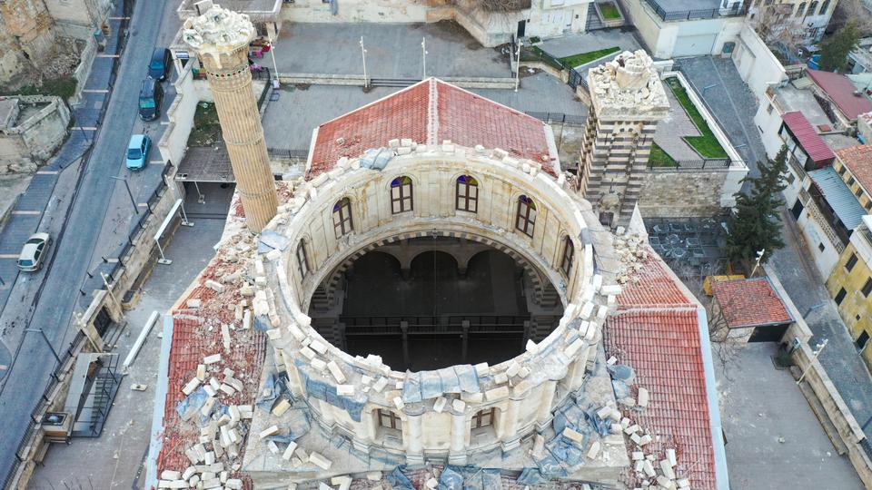 An aerial view shows the major damage on the historical Kurtulus Mosque in Gaziantep.