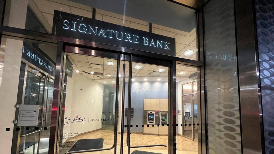 A branch of Signature Bank is photographed, late Sunday, March 12, 2023, in New York.