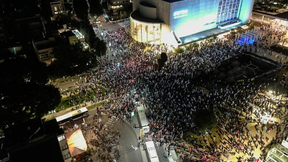 An aerial view shows Israelis demonstrating during a