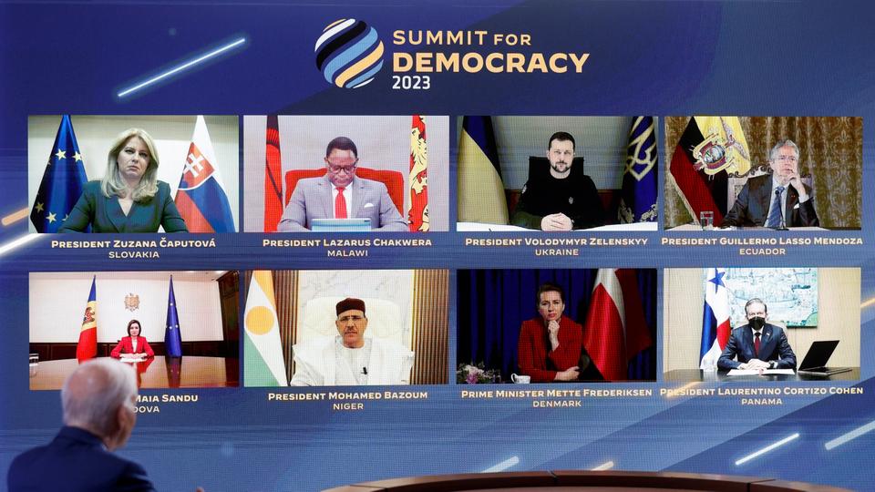 US President Joe Biden delivers remarks during a virtual Summit for Democracy, which he is hosting from an auditorium on the White House campus in Washington.