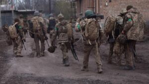 Ukrainian servicemen return from heavy fighting at the frontline of Bakhmut and Chasiv Yar, near Chasiv Yar, Ukraine, on April 11, 2023