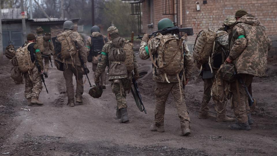 Ukrainian servicemen return from heavy fighting at the frontline of Bakhmut and Chasiv Yar, near Chasiv Yar, Ukraine, on April 11, 2023