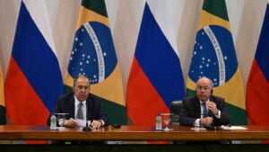 Russian Foreign Minister Sergey Lavrov (L) speaks during a joint press conference with his Brazilian counterpart Mauro Vieira (R) at Itamaraty Palace in Brasilia on April 17, 2023.