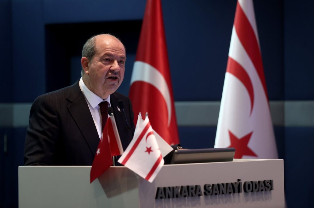 Turkish Republic of Northern Cyprus (TRNC) President Ersin Tatar speaks at a monthly assembly hosted by the Ankara Chamber of Trade (ASO) in Ankara, Türkiye, Dec. 28, 2022. (AA Photo)