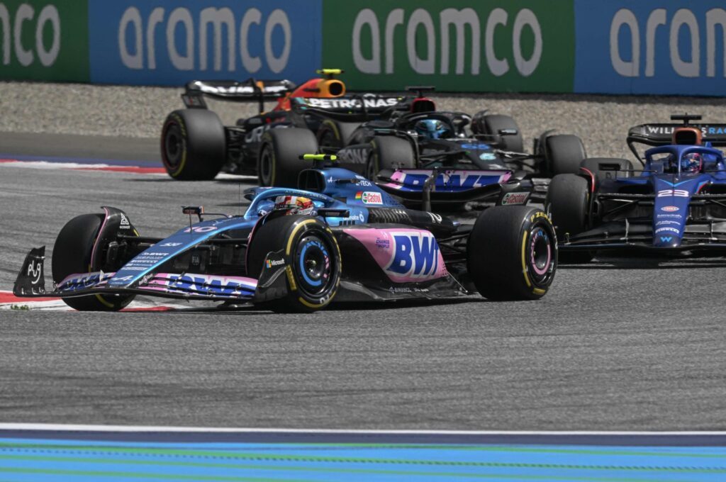 Alpine's French driver Pierre Gasly leads Williams' Thai driver Alexander Albon (R) during the Formula One Austrian Grand Prix at the Red Bull race track, Spielberg, Austria, July 2, 2023. (AFP Photo)