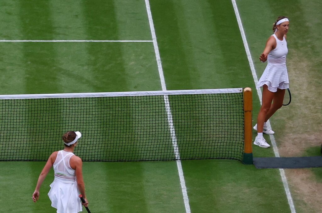 Belarus' Victoria Azarenka gestures after losing her Wimbledon fourth round match against Ukraine's Elina Svitolina at the All England Lawn Tennis and Croquet Club, London, U.K., July 9, 2023. (Reuters Photo)