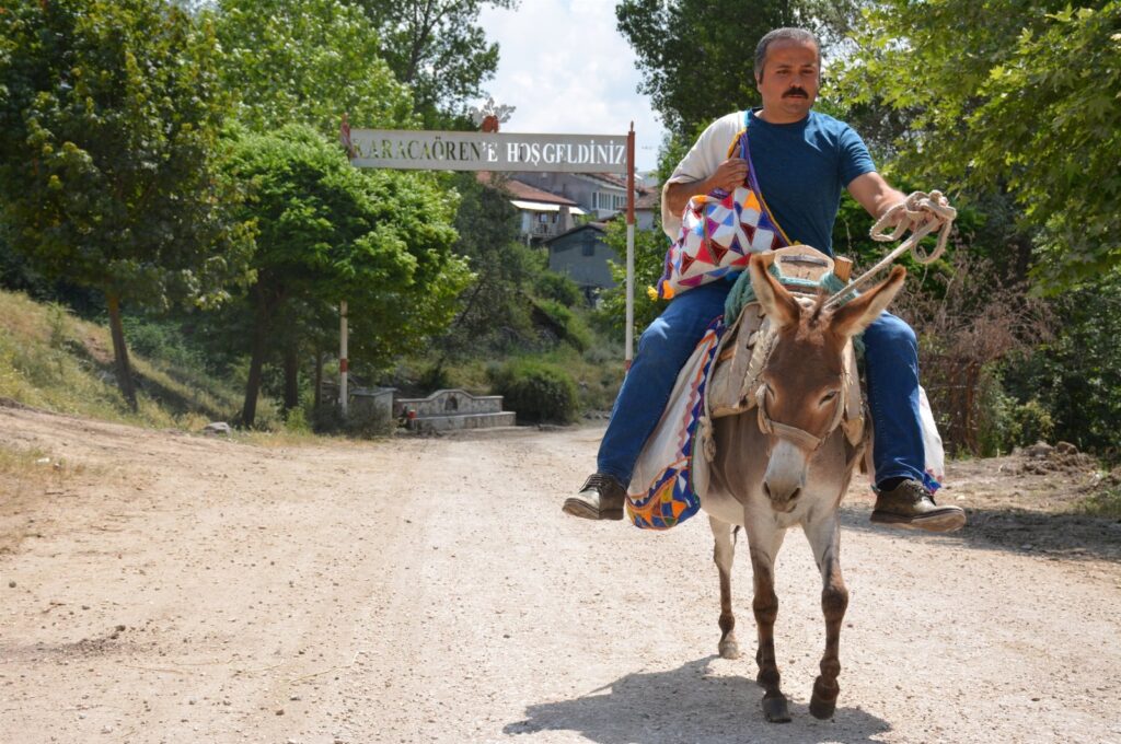 Metin Uğur is seen with his books on his donkey in Karacaören, Tokat, Türkiye, July 11, 2023. (DHA Photo)