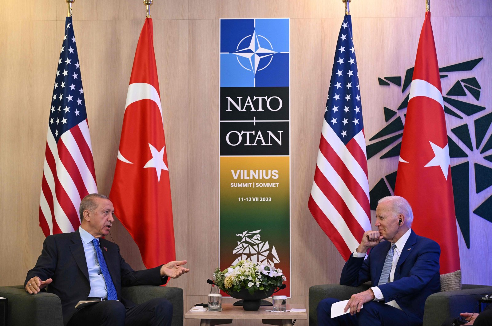 President Recep Tayyip Erdoğan and U.S. President Joe Biden hold bilateral talks at the NATO Summit in Vilnius on July 11, 2023. (AFP Photo)
