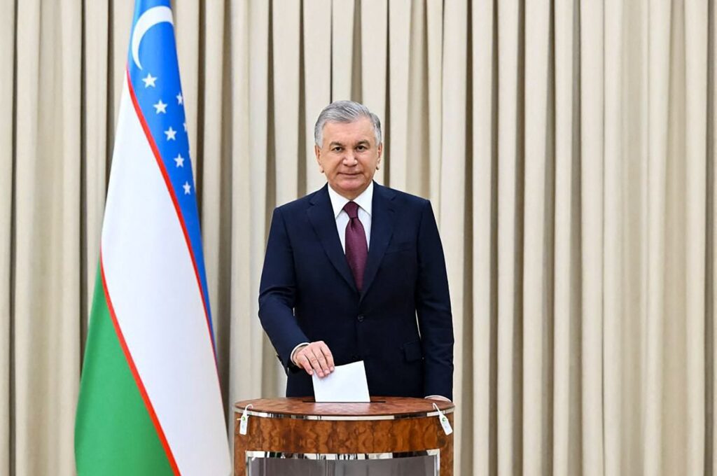 Uzbekistan's President and presidential candidate Shavkat Mirziyoyev votes in the country's presidential election in Tashkent, July 9, 2023. ( Uzbek Presidential Press Service Handout via AFP)