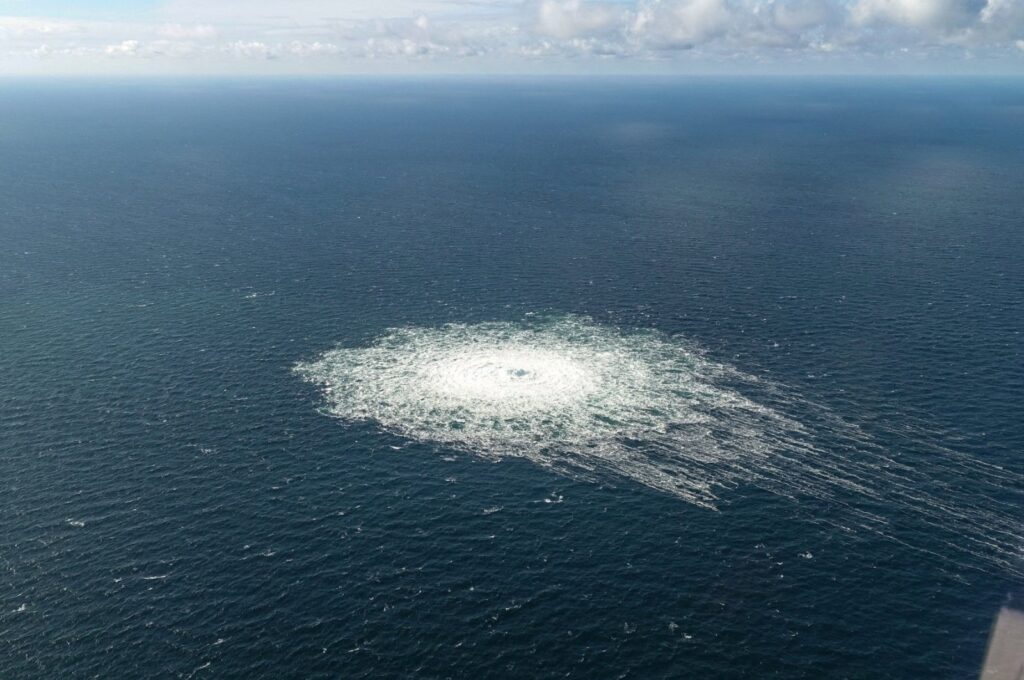 A gas leak at Nord Stream 2 as seen from the Danish F-16 interceptor on Bornholm, Denmark, Sept. 27, 2022. (Reuters Photo)