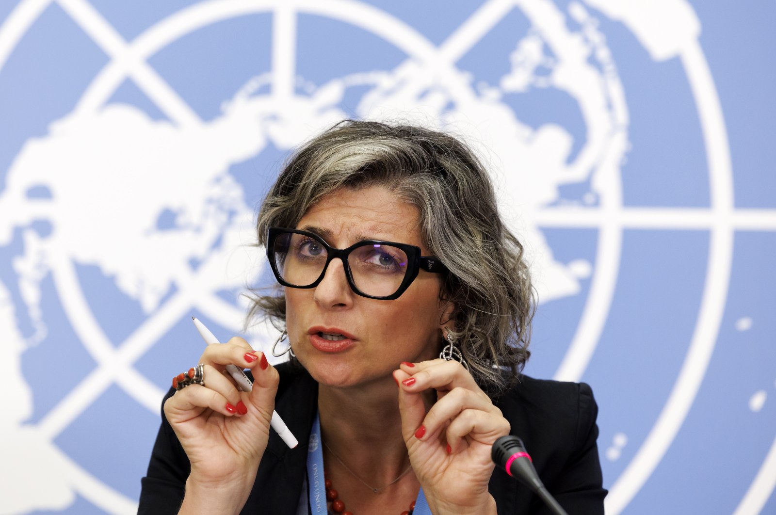 Francesca Albanese, Special Rapporteur on the situation of human rights in the Palestinian territories, talks to the media, Geneva, Switzerland, July 11, 2023. (EPA Photo)