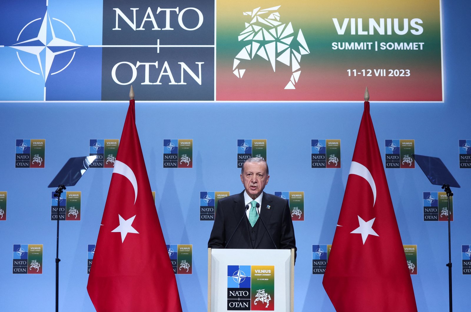 President Recep Tayyip Erdoğan holds a news conference during a NATO leaders summit in Vilnius, Lithuania July 12, 2023. (Reuters Photo)