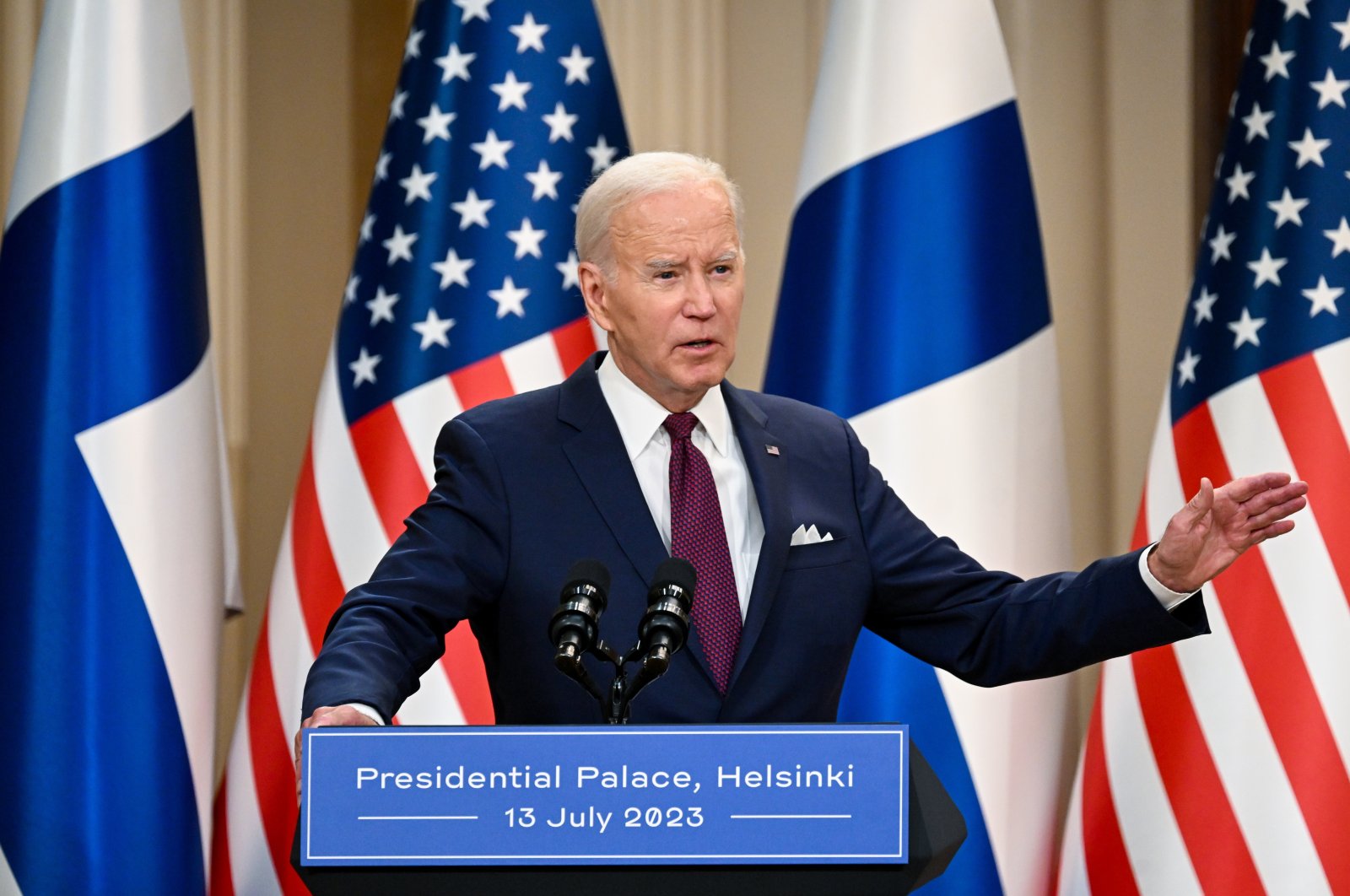 U.S. President Joe Biden gestures during a news conference at the Presidential Palace in Helsinki, Finland, July 13, 2023. (EPA Photo)