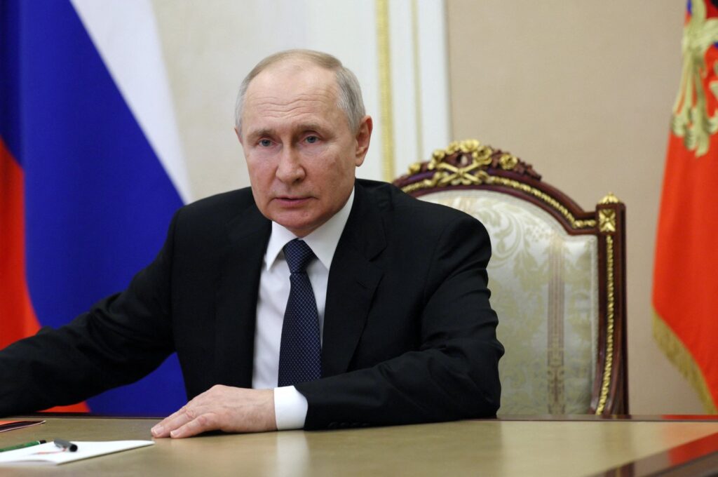 Russian President Vladimir Putin chairs a meeting with members of the Security Council, via video link in Moscow, Russia July 7, 2023. (Sputnik/Alexander Kazakov/Kremlin via Reuters)