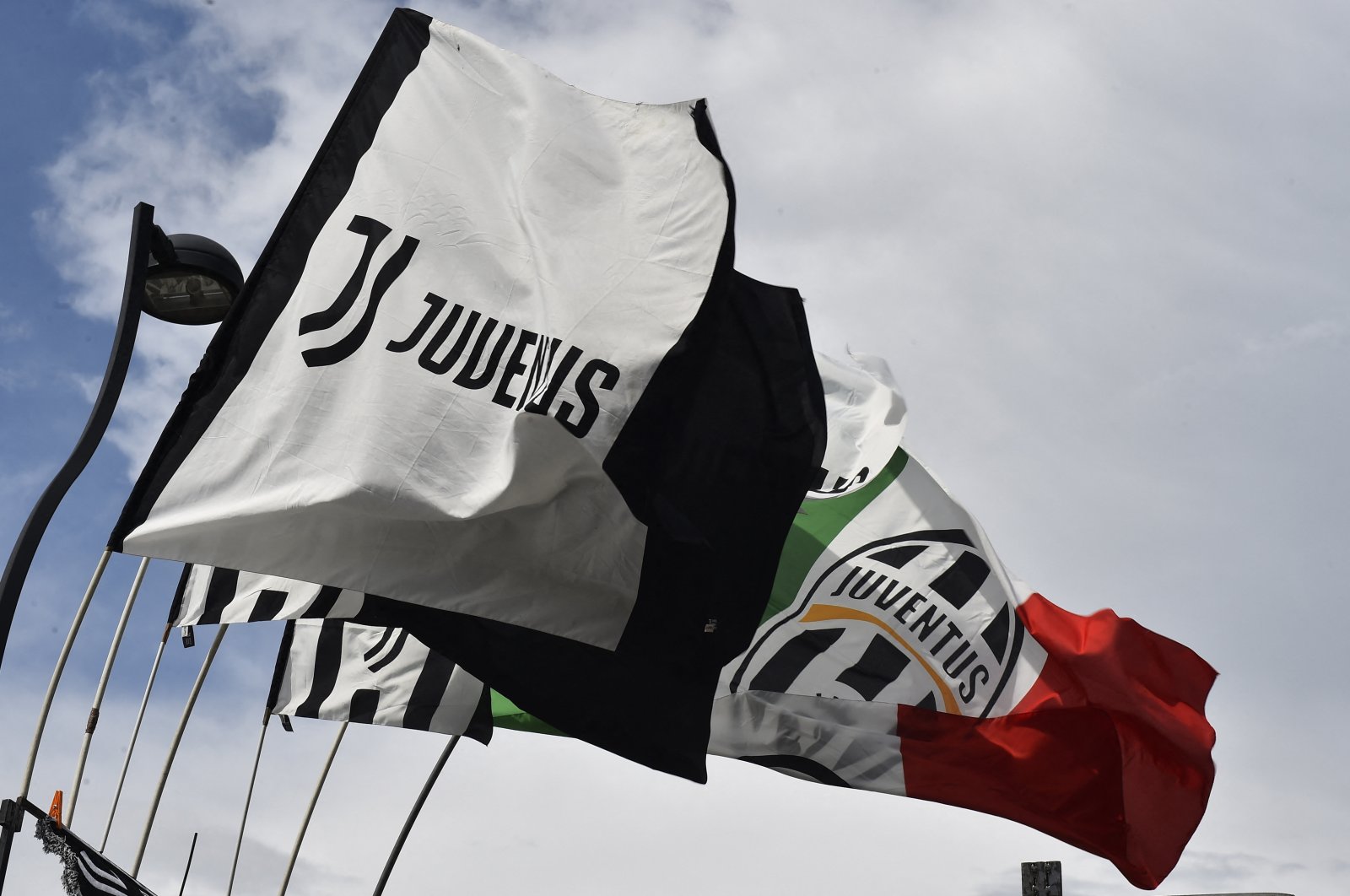 A general view of Juventus flags outside the stadium before the match against Sevilla at the Allianz Stadium, Turin, Italy, May 11, 2023. (Reuters Photo)