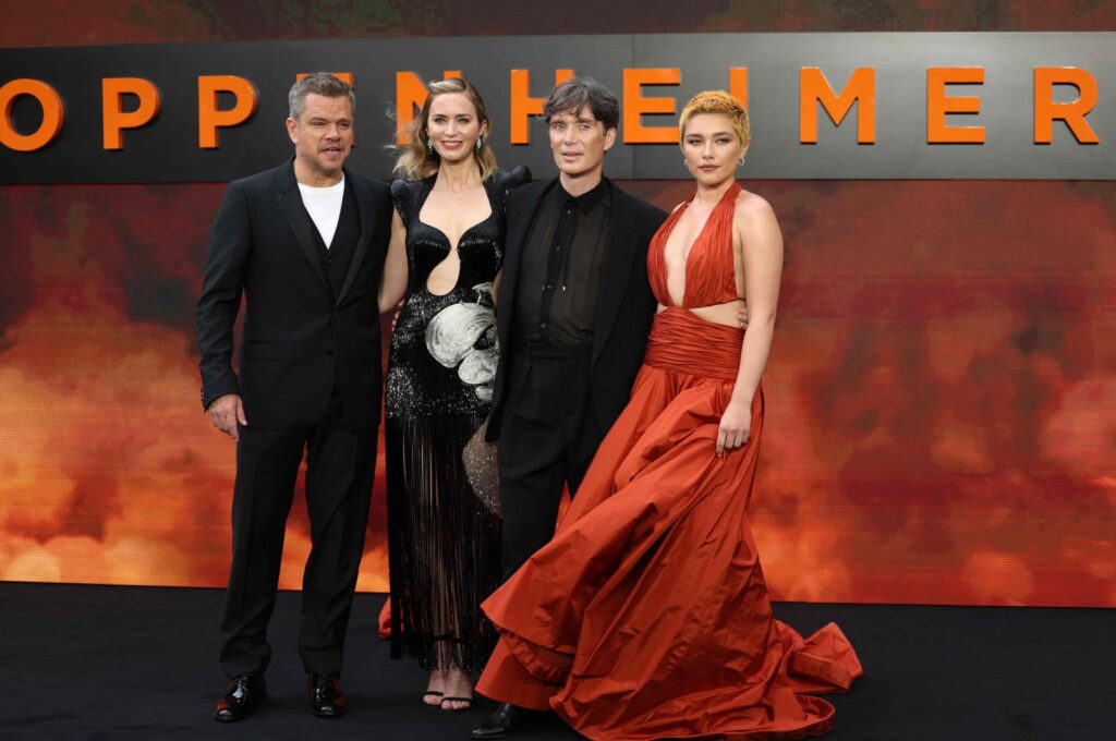 (L-R) US actor Matt Damon, British Actor Emily Blunt, Irish actor Cillian Murphy and British Actor Florence Pugh pose on the red carpet upon arrival for the U.K. premiere of "Oppenheimer" in central London, U.K., July 13, 2023. (AFP Photo)