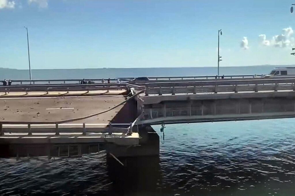 This video grab shows the damaged Kerch bridge, linking Crimea to Russia, July 17, 2023. (AFP Photo)