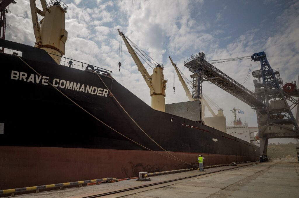 The first U.N.-chartered vessel MV Brave Commander loads more than 23,000 tons of grain to export to Ethiopia, in Yuzhne, east of Odessa on the Black Sea coast, on Aug. 14, 2022. (AFP File Photo)