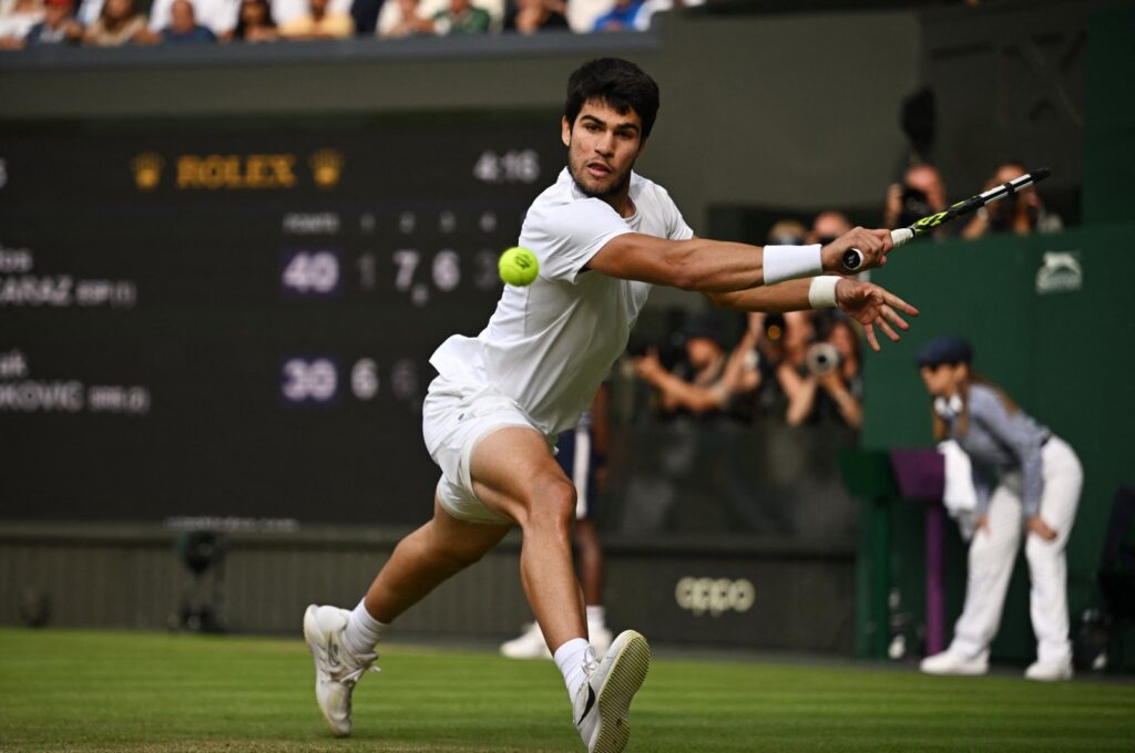 Spain's Carlos Alcaraz in action during Wimbledon final match against Serbia's Novak Djokovic at the All England Lawn Tennis and Croquet Club, London, UK., July 16, 2023. (Reuters Photo)