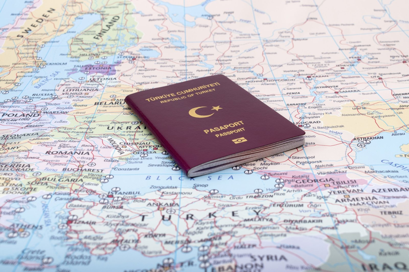The passport of the Republic of Türkiye is seen laying on the map of Europe in this undated photo. (Shutterstock Photo)