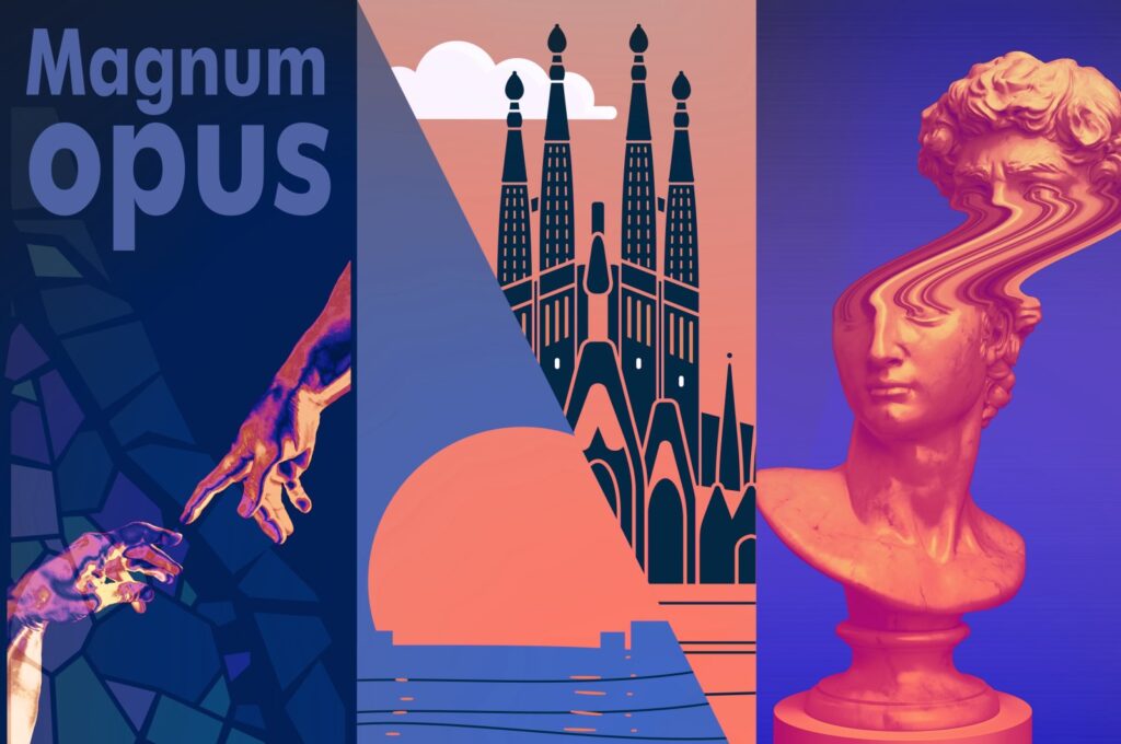 A photo combination in illustration art style showcases the historic Sagrada Familia, designed by Catalan architect Antoni Gaudi, in Barcelona, Spain. (Illustration by Büşra Öztürk)